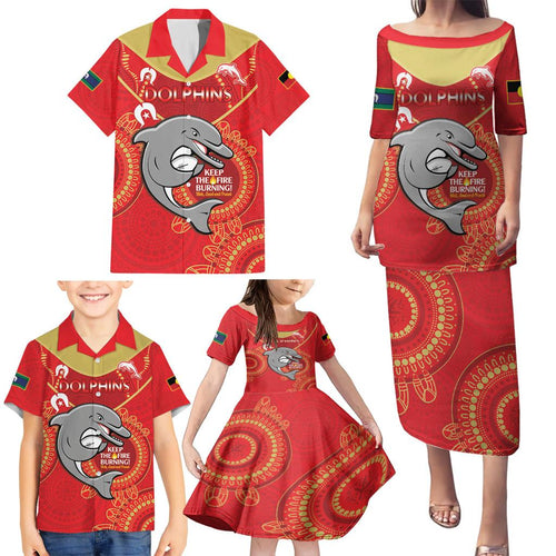 Custom NRL Dolphins NAIDOC Week Family Matching Puletasi and Hawaiian Shirt Keep The Fire Burning Indigenous Art
