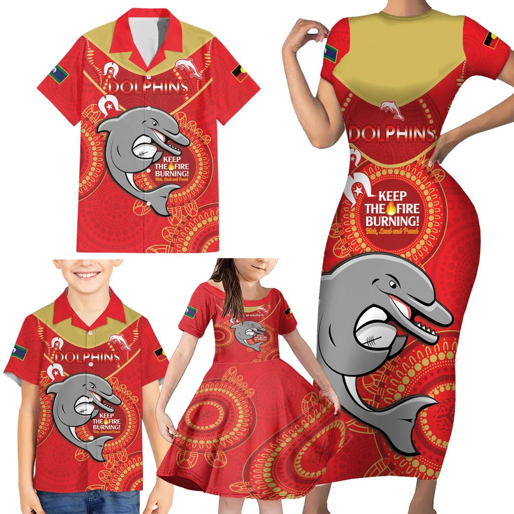 Custom NRL Dolphins NAIDOC Week Family Matching Short Sleeve Bodycon Dress and Hawaiian Shirt Keep The Fire Burning Indigenous Art