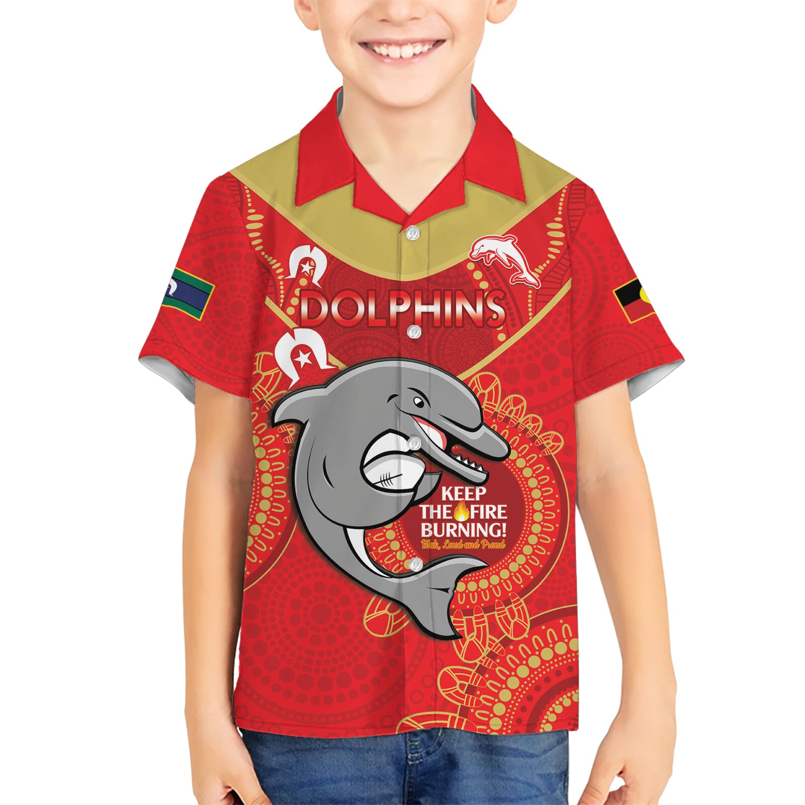 Custom NRL Dolphins NAIDOC Week Kid Hawaiian Shirt Keep The Fire Burning Indigenous Art
