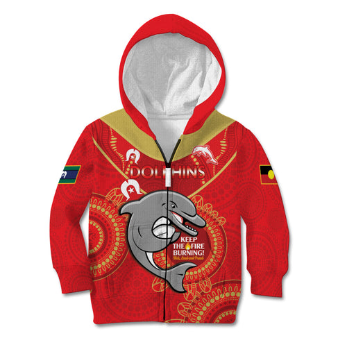 Custom NRL Dolphins NAIDOC Week Kid Hoodie Keep The Fire Burning Indigenous Art