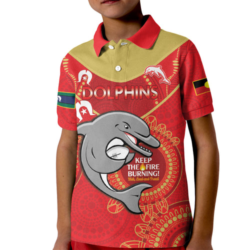 Custom NRL Dolphins NAIDOC Week Kid Polo Shirt Keep The Fire Burning Indigenous Art