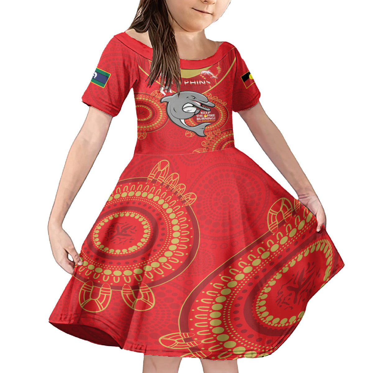 Custom NRL Dolphins NAIDOC Week Kid Short Sleeve Dress Keep The Fire Burning Indigenous Art