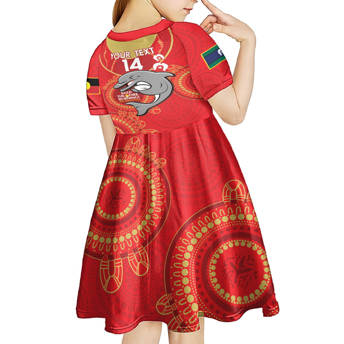 Custom NRL Dolphins NAIDOC Week Kid Short Sleeve Dress Keep The Fire Burning Indigenous Art
