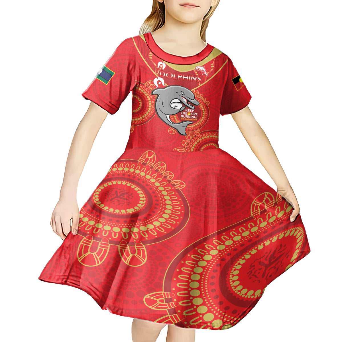 Custom NRL Dolphins NAIDOC Week Kid Short Sleeve Dress Keep The Fire Burning Indigenous Art