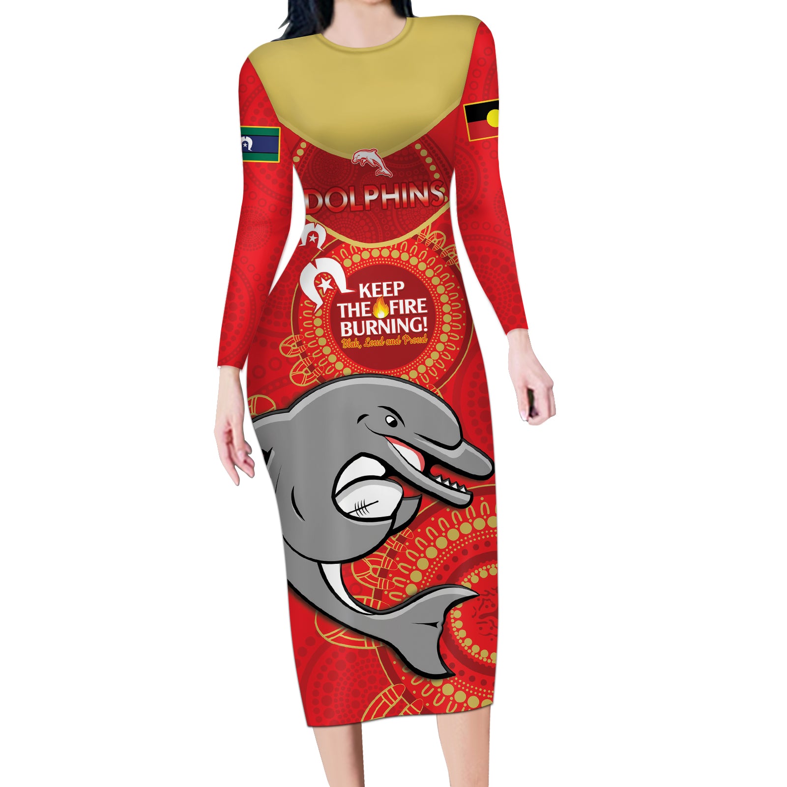 Custom NRL Dolphins NAIDOC Week Long Sleeve Bodycon Dress Keep The Fire Burning Indigenous Art
