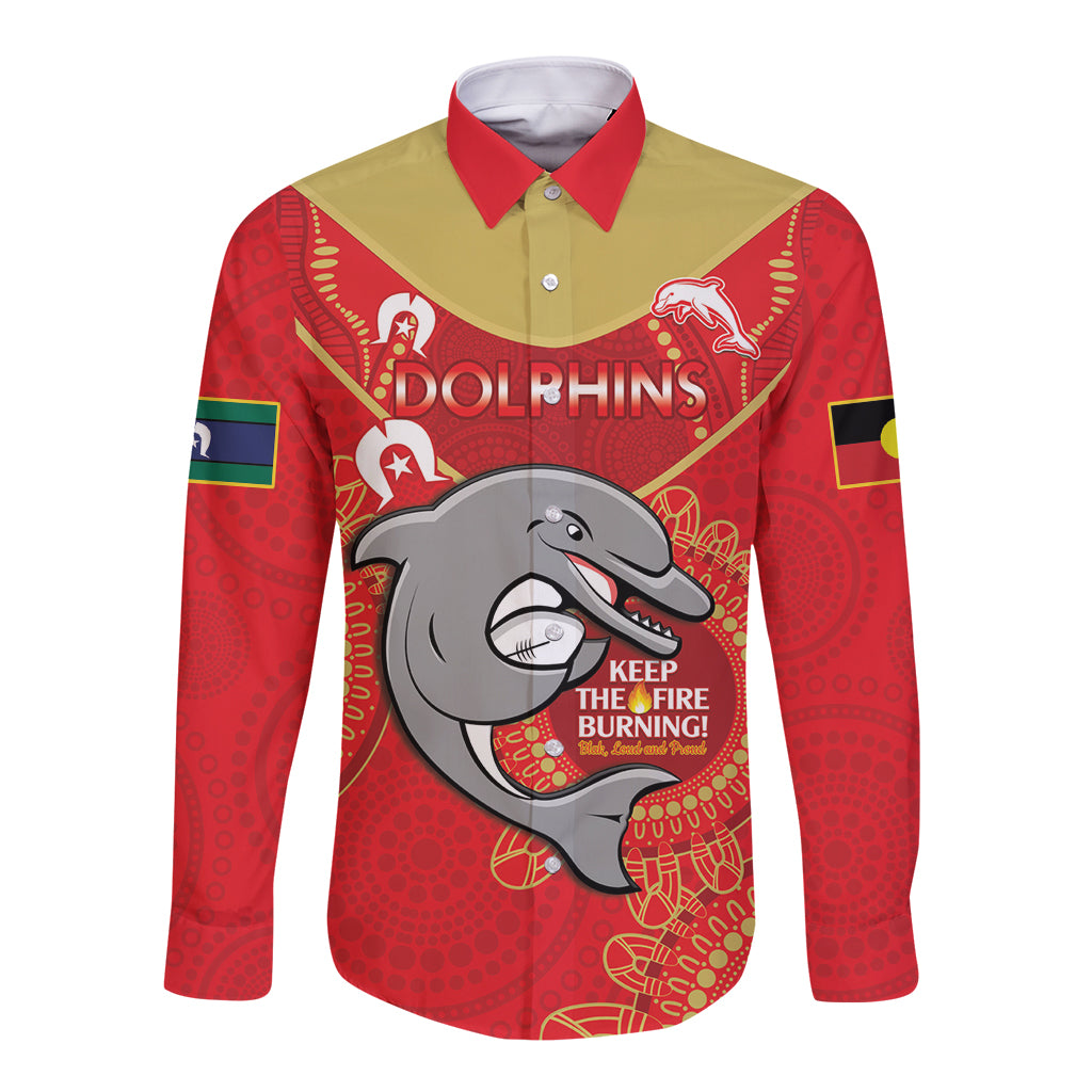 Custom NRL Dolphins NAIDOC Week Long Sleeve Button Shirt Keep The Fire Burning Indigenous Art