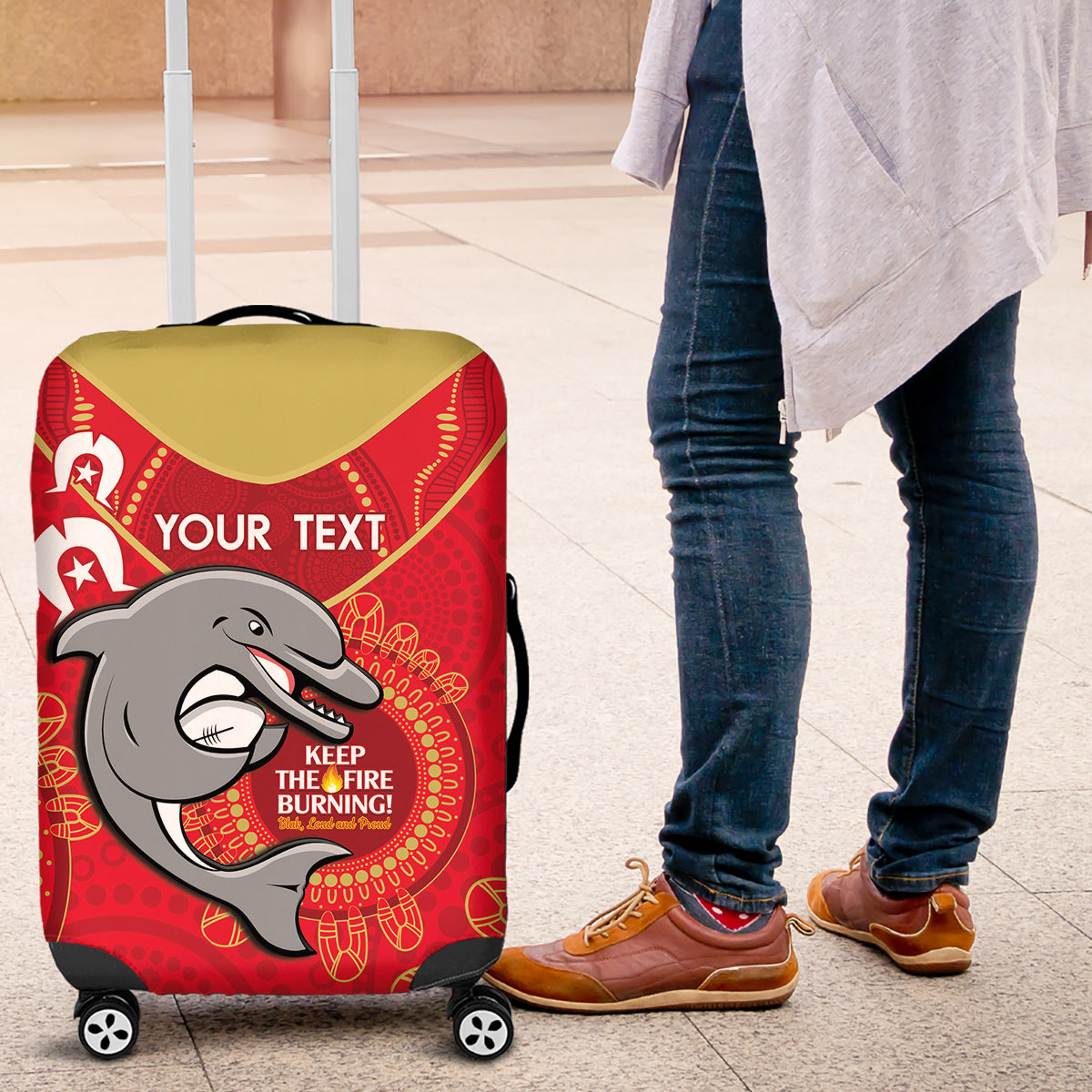 Custom NRL Dolphins NAIDOC Week Luggage Cover Keep The Fire Burning Indigenous Art
