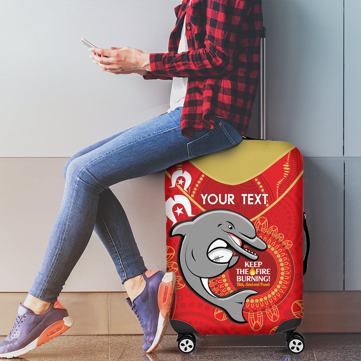Custom NRL Dolphins NAIDOC Week Luggage Cover Keep The Fire Burning Indigenous Art