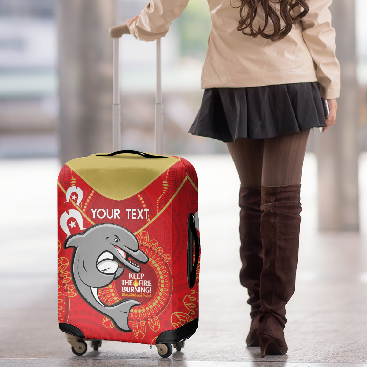 Custom NRL Dolphins NAIDOC Week Luggage Cover Keep The Fire Burning Indigenous Art