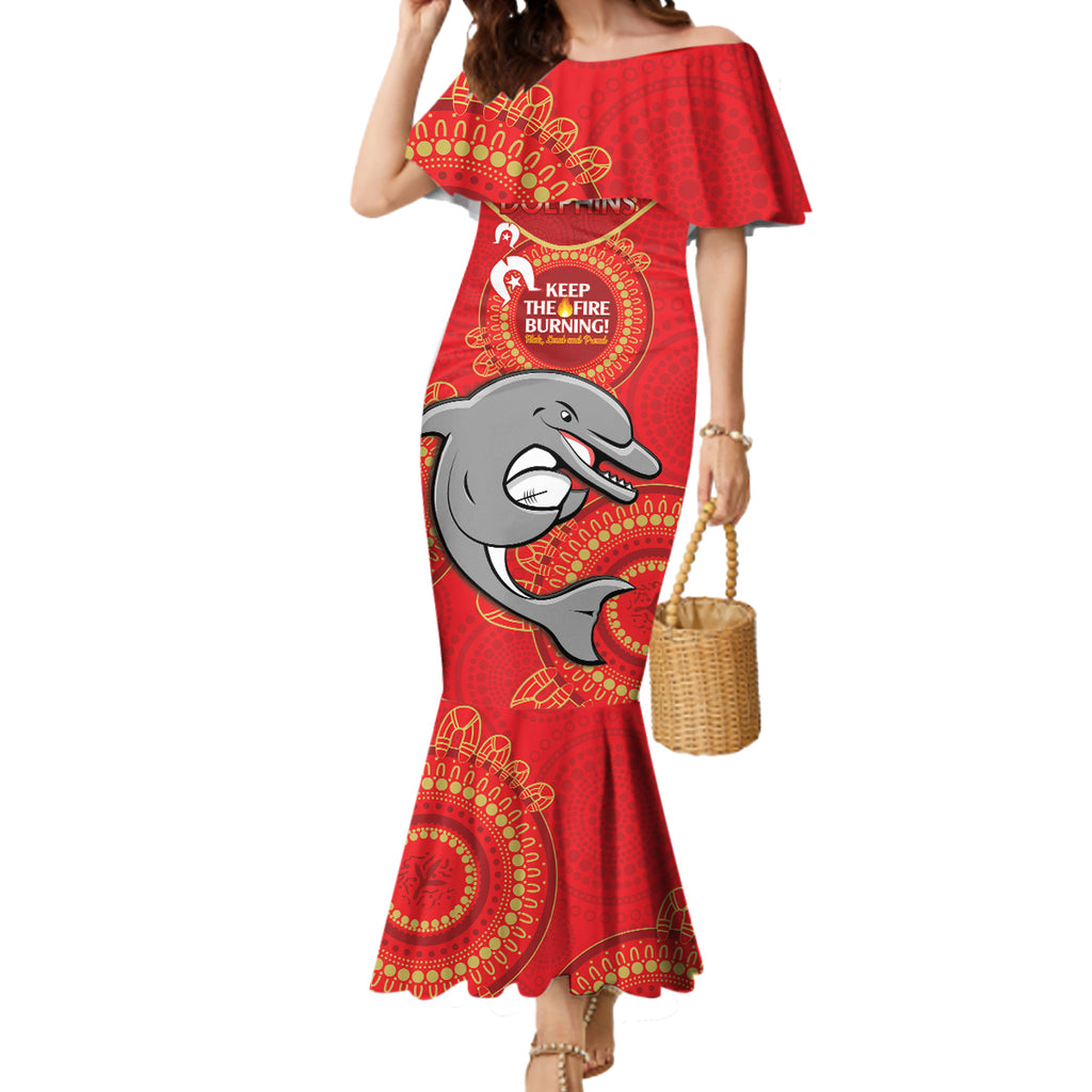 Custom NRL Dolphins NAIDOC Week Mermaid Dress Keep The Fire Burning Indigenous Art