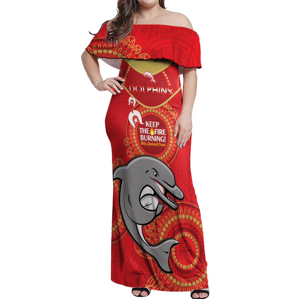 Custom NRL Dolphins NAIDOC Week Off Shoulder Maxi Dress Keep The Fire Burning Indigenous Art