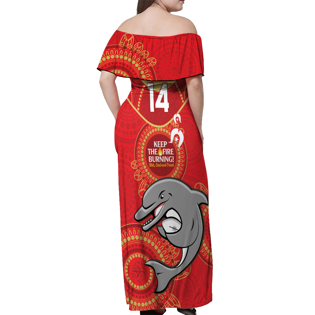 Custom NRL Dolphins NAIDOC Week Off Shoulder Maxi Dress Keep The Fire Burning Indigenous Art