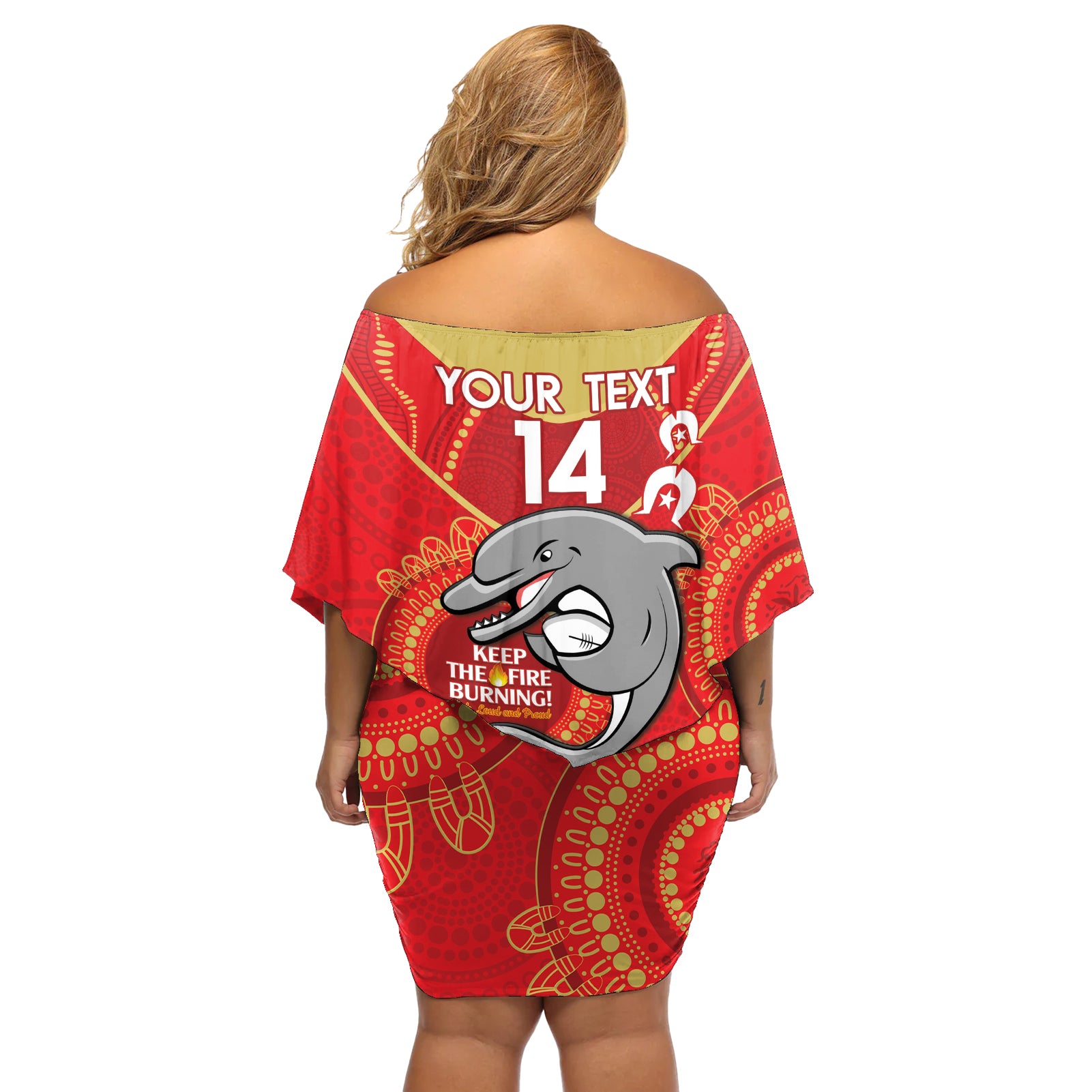 Custom NRL Dolphins NAIDOC Week Off Shoulder Short Dress Keep The Fire Burning Indigenous Art