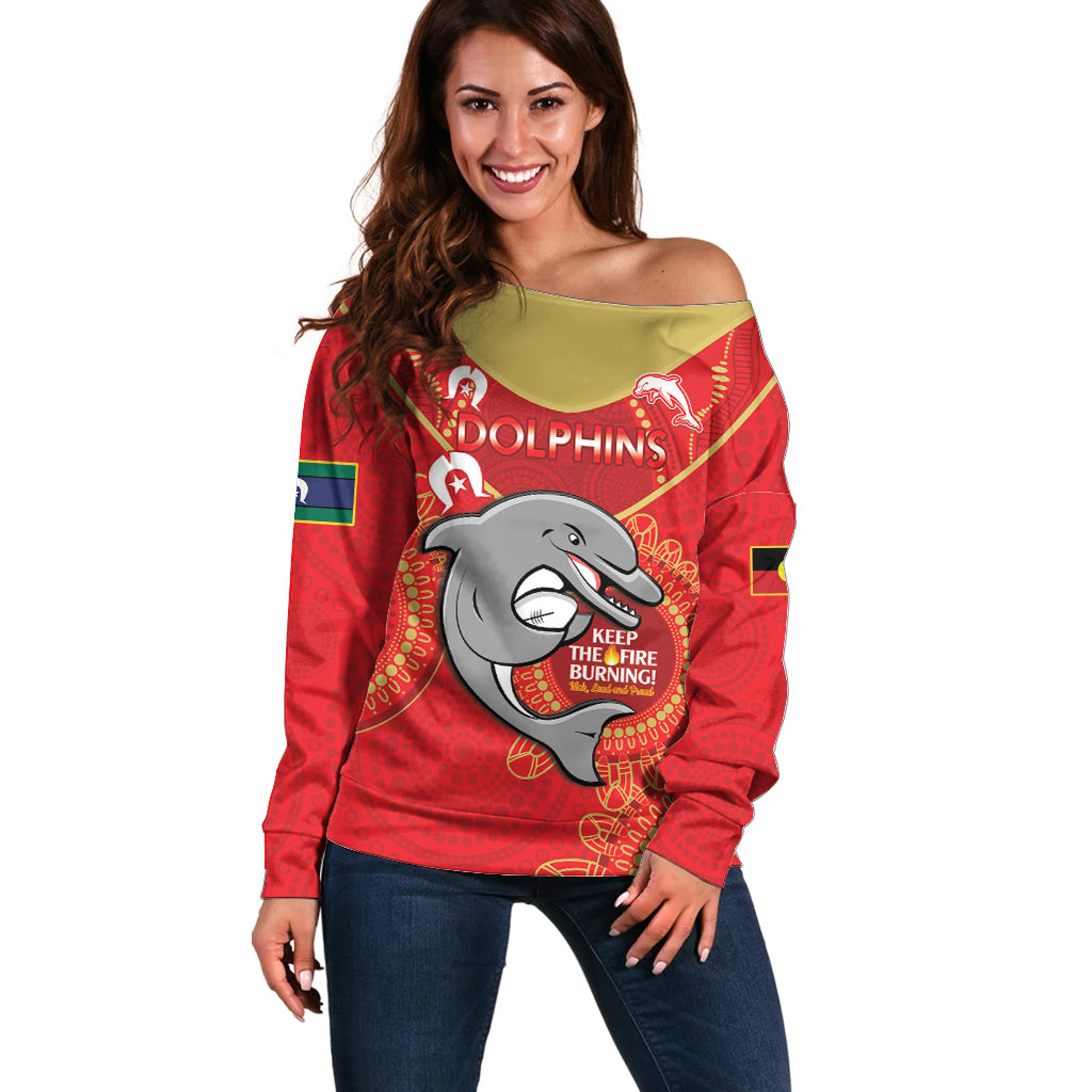 Custom NRL Dolphins NAIDOC Week Off Shoulder Sweater Keep The Fire Burning Indigenous Art