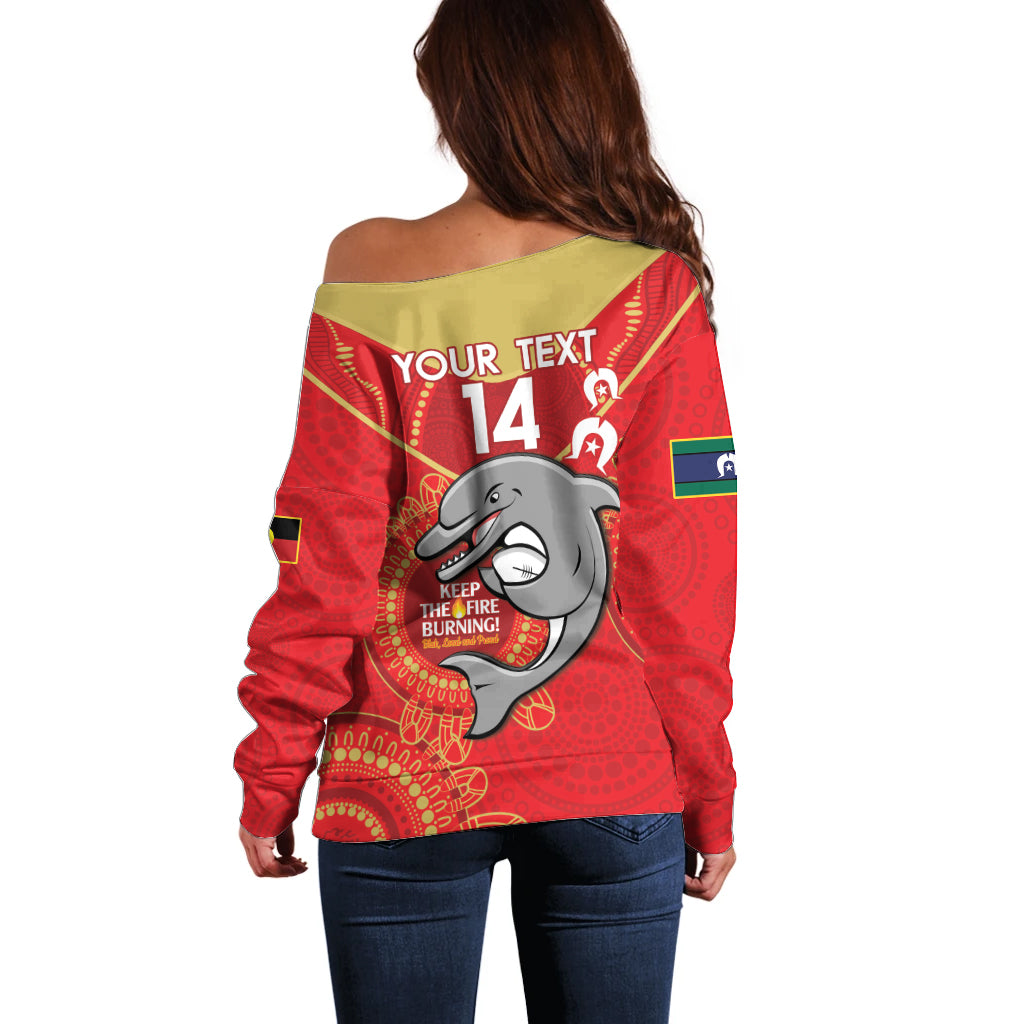 Custom NRL Dolphins NAIDOC Week Off Shoulder Sweater Keep The Fire Burning Indigenous Art