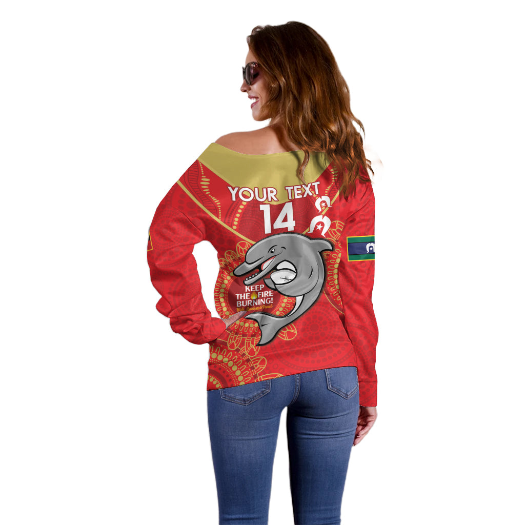 Custom NRL Dolphins NAIDOC Week Off Shoulder Sweater Keep The Fire Burning Indigenous Art