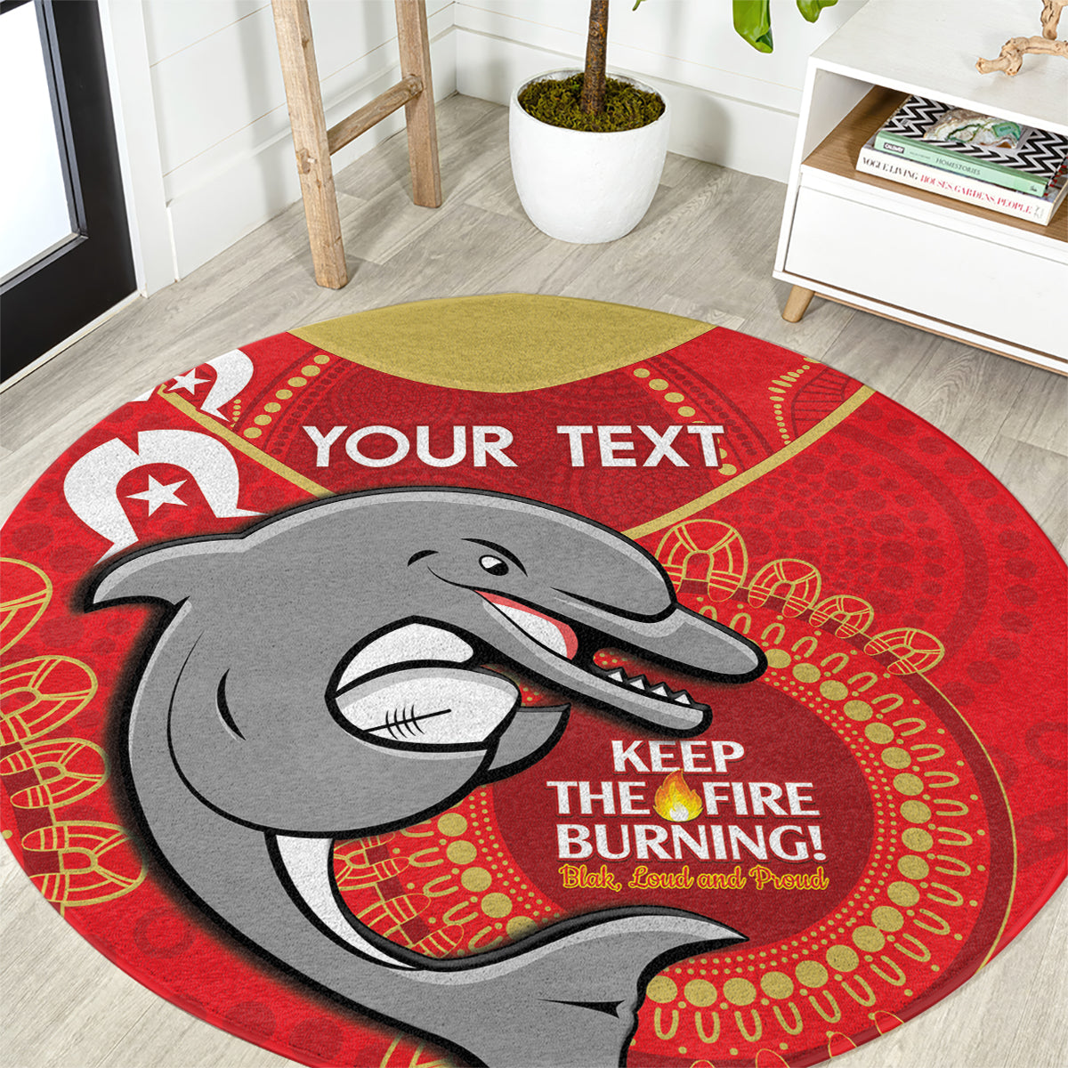 Custom NRL Dolphins NAIDOC Week Round Carpet Keep The Fire Burning Indigenous Art