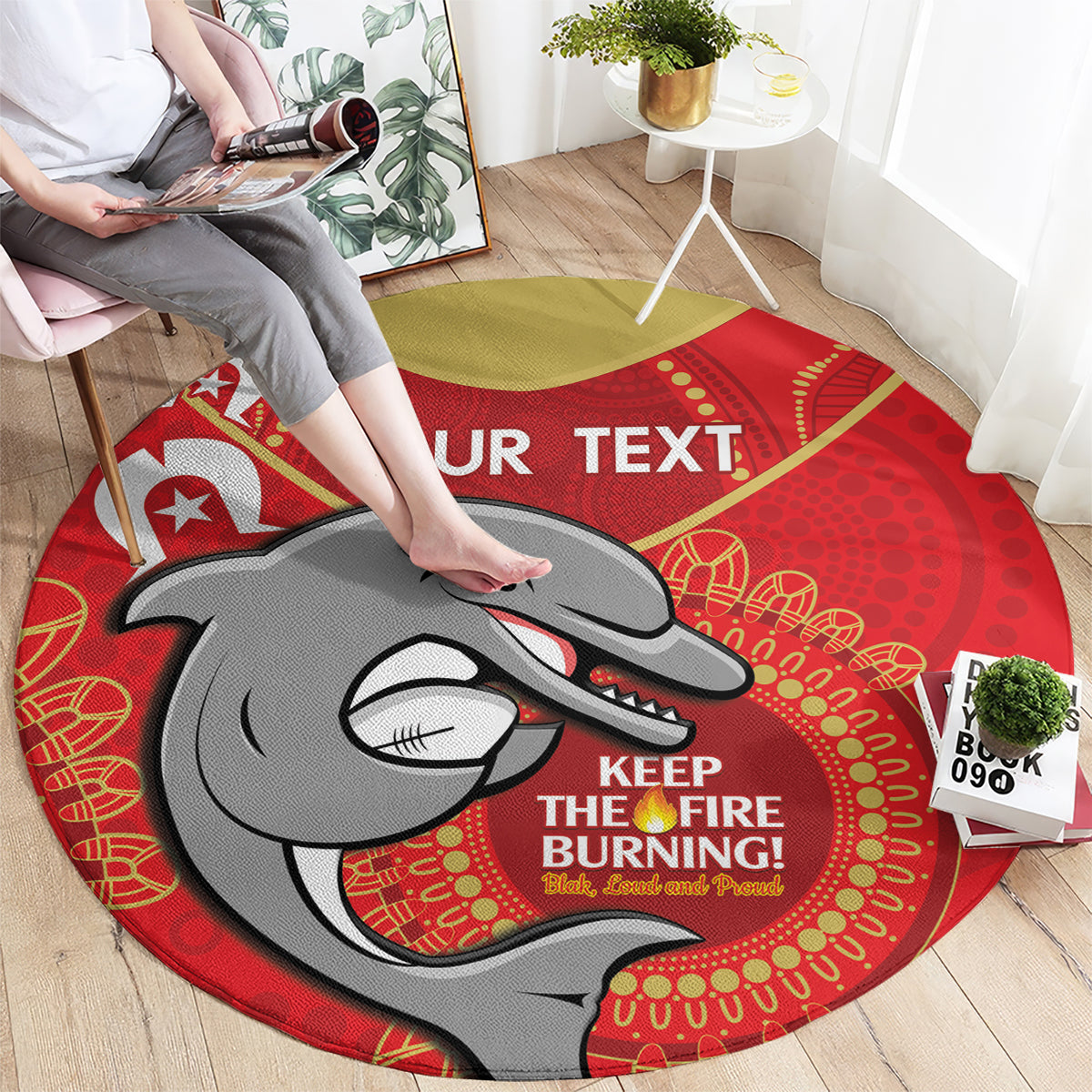 Custom NRL Dolphins NAIDOC Week Round Carpet Keep The Fire Burning Indigenous Art