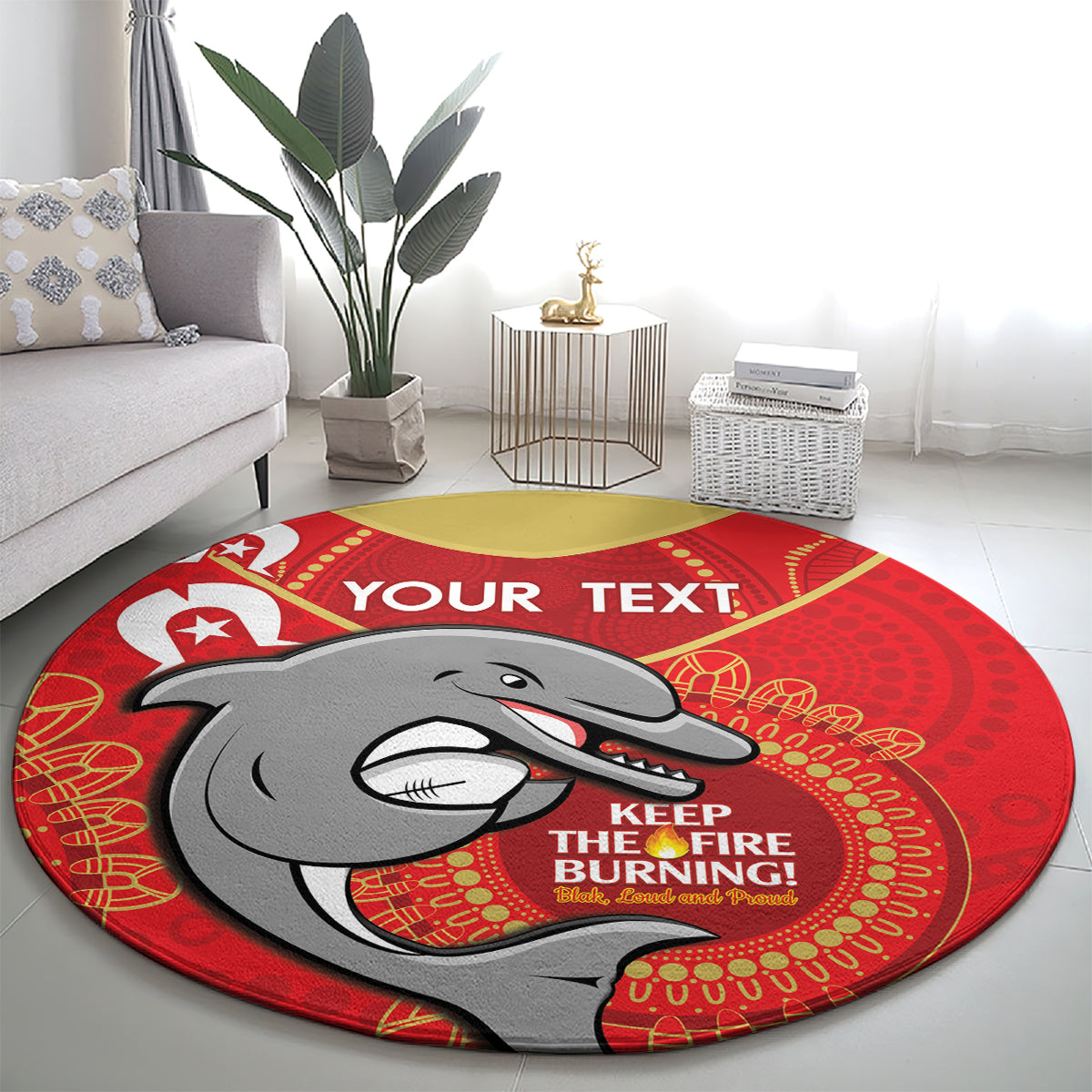 Custom NRL Dolphins NAIDOC Week Round Carpet Keep The Fire Burning Indigenous Art