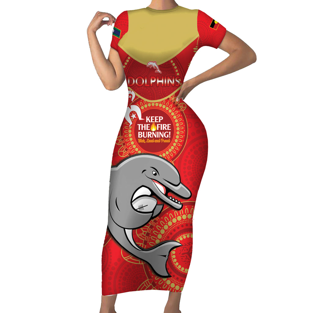 Custom NRL Dolphins NAIDOC Week Short Sleeve Bodycon Dress Keep The Fire Burning Indigenous Art