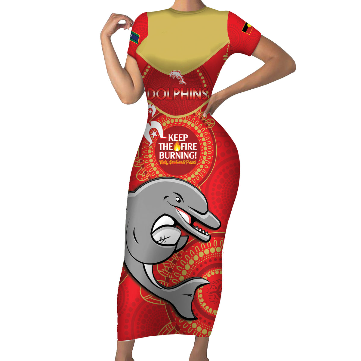 Custom NRL Dolphins NAIDOC Week Short Sleeve Bodycon Dress Keep The Fire Burning Indigenous Art