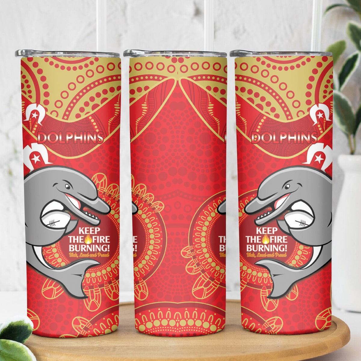 NRL Dolphins NAIDOC Week Skinny Tumbler Keep The Fire Burning Indigenous Art