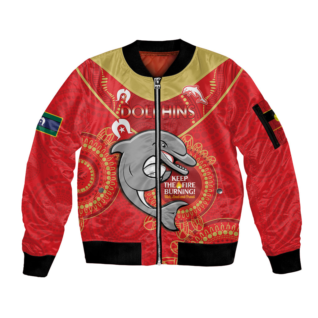 Custom NRL Dolphins NAIDOC Week Sleeve Zip Bomber Jacket Keep The Fire Burning Indigenous Art