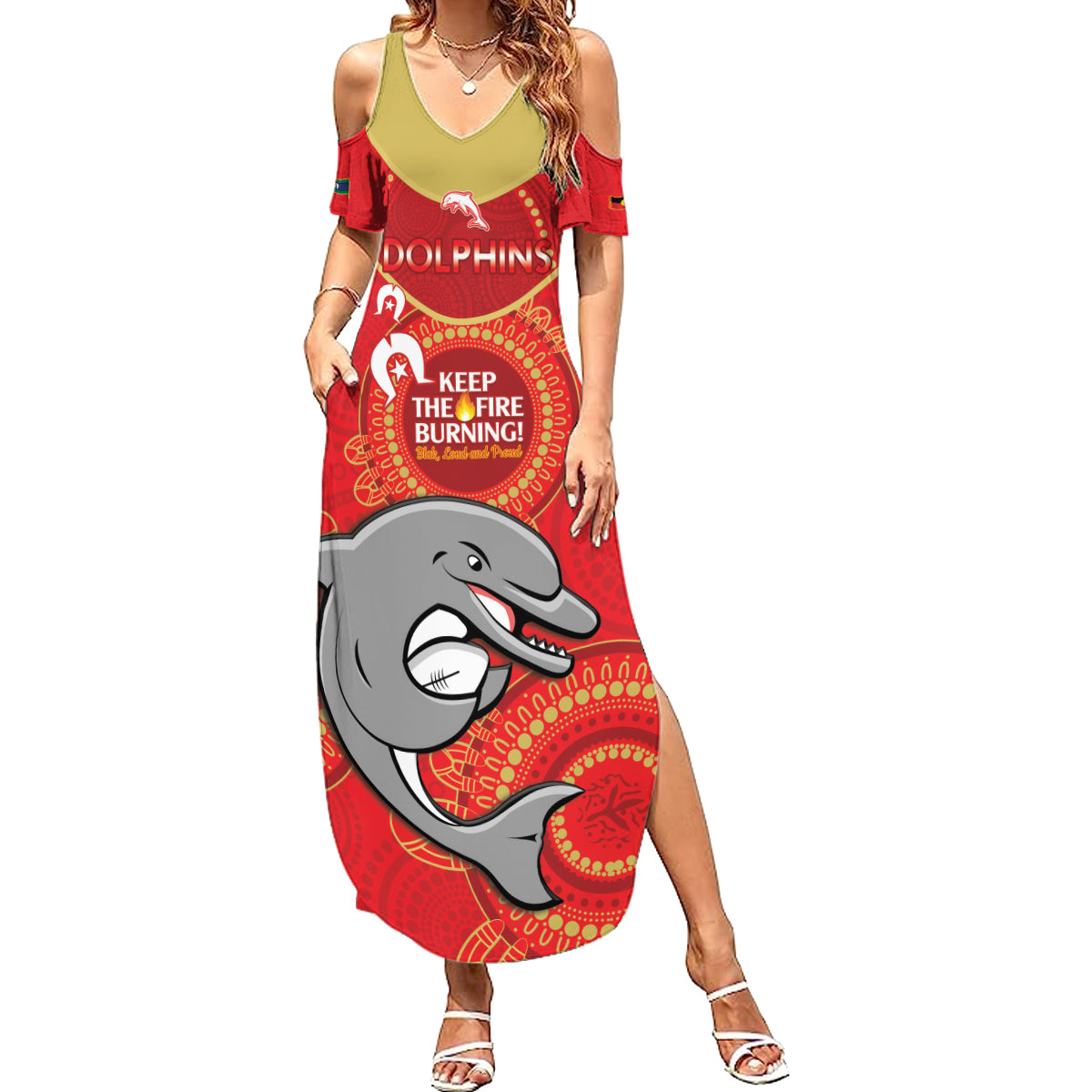 Custom NRL Dolphins NAIDOC Week Summer Maxi Dress Keep The Fire Burning Indigenous Art