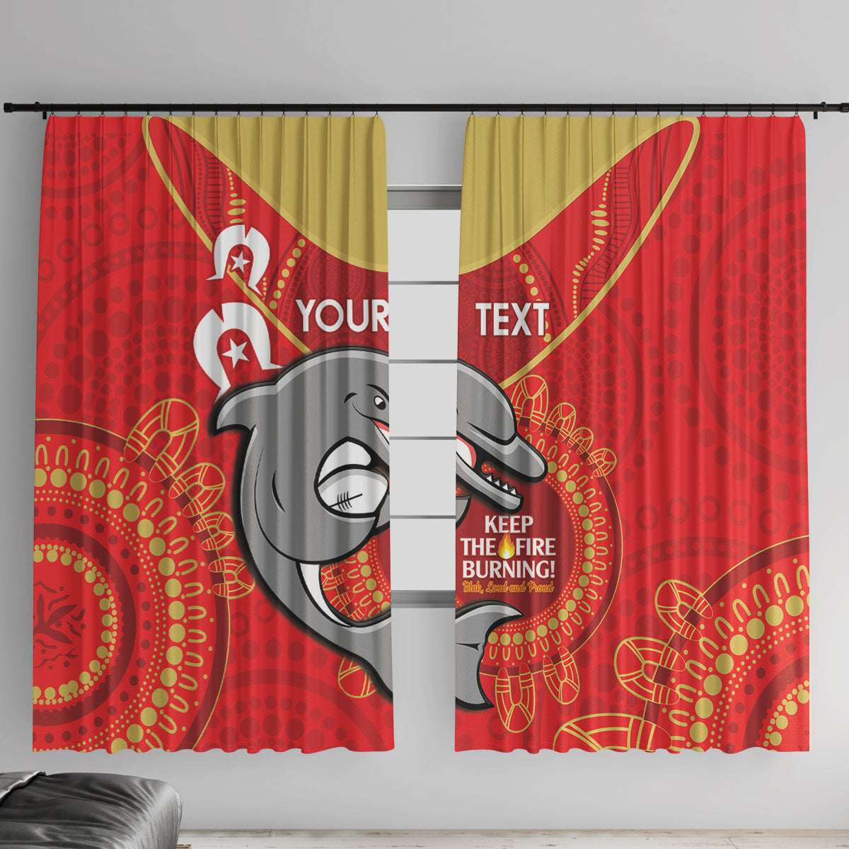 Custom NRL Dolphins NAIDOC Week Window Curtain Keep The Fire Burning Indigenous Art