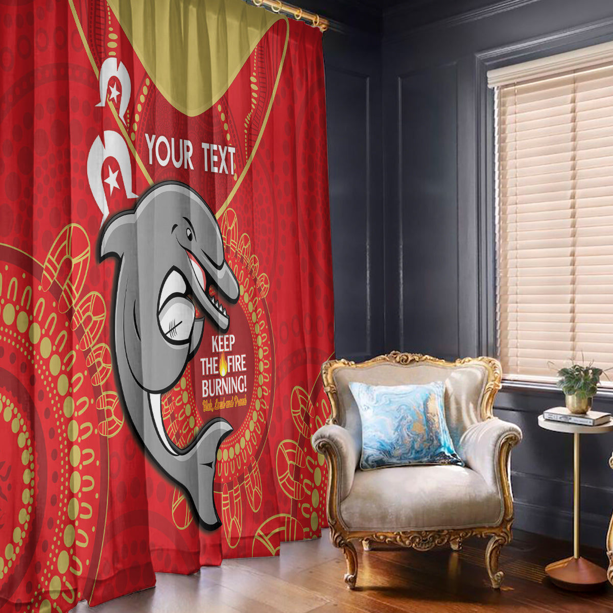 Custom NRL Dolphins NAIDOC Week Window Curtain Keep The Fire Burning Indigenous Art