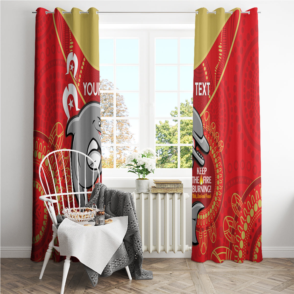 Custom NRL Dolphins NAIDOC Week Window Curtain Keep The Fire Burning Indigenous Art