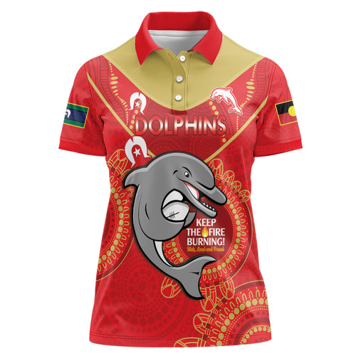 Custom NRL Dolphins NAIDOC Week Women Polo Shirt Keep The Fire Burning Indigenous Art