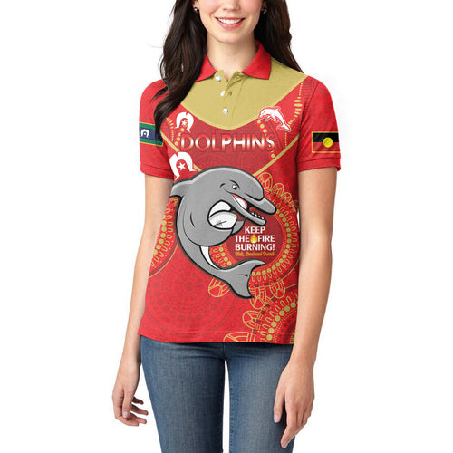 Custom NRL Dolphins NAIDOC Week Women Polo Shirt Keep The Fire Burning Indigenous Art