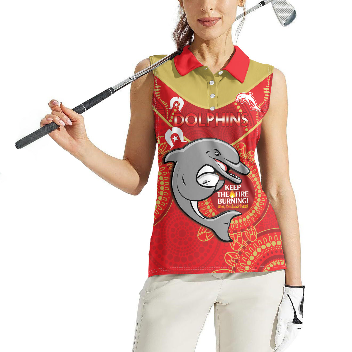 Custom NRL Dolphins NAIDOC Week Women Sleeveless Polo Shirt Keep The Fire Burning Indigenous Art