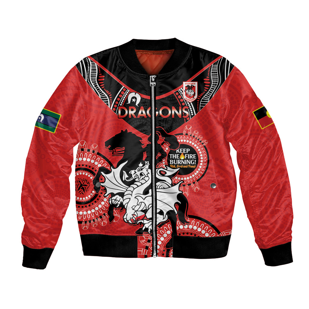 Custom NRL Dragons NAIDOC Week Bomber Jacket Keep The Fire Burning Indigenous Art