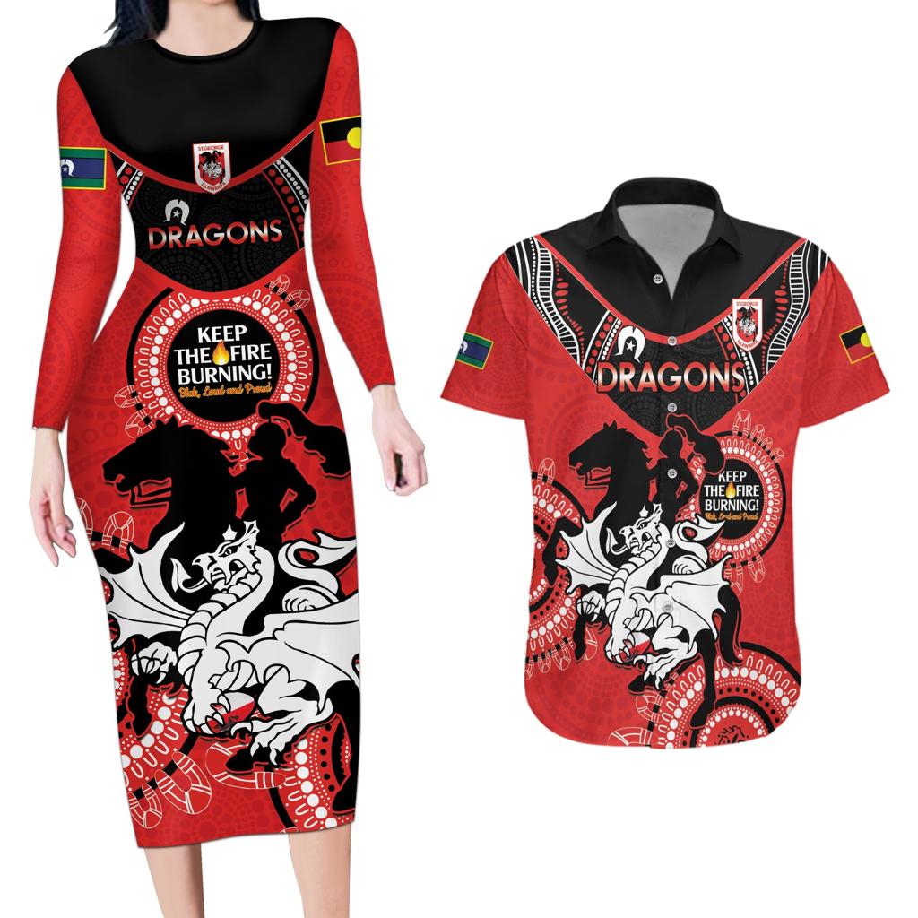 Custom NRL Dragons NAIDOC Week Couples Matching Long Sleeve Bodycon Dress and Hawaiian Shirt Keep The Fire Burning Indigenous Art