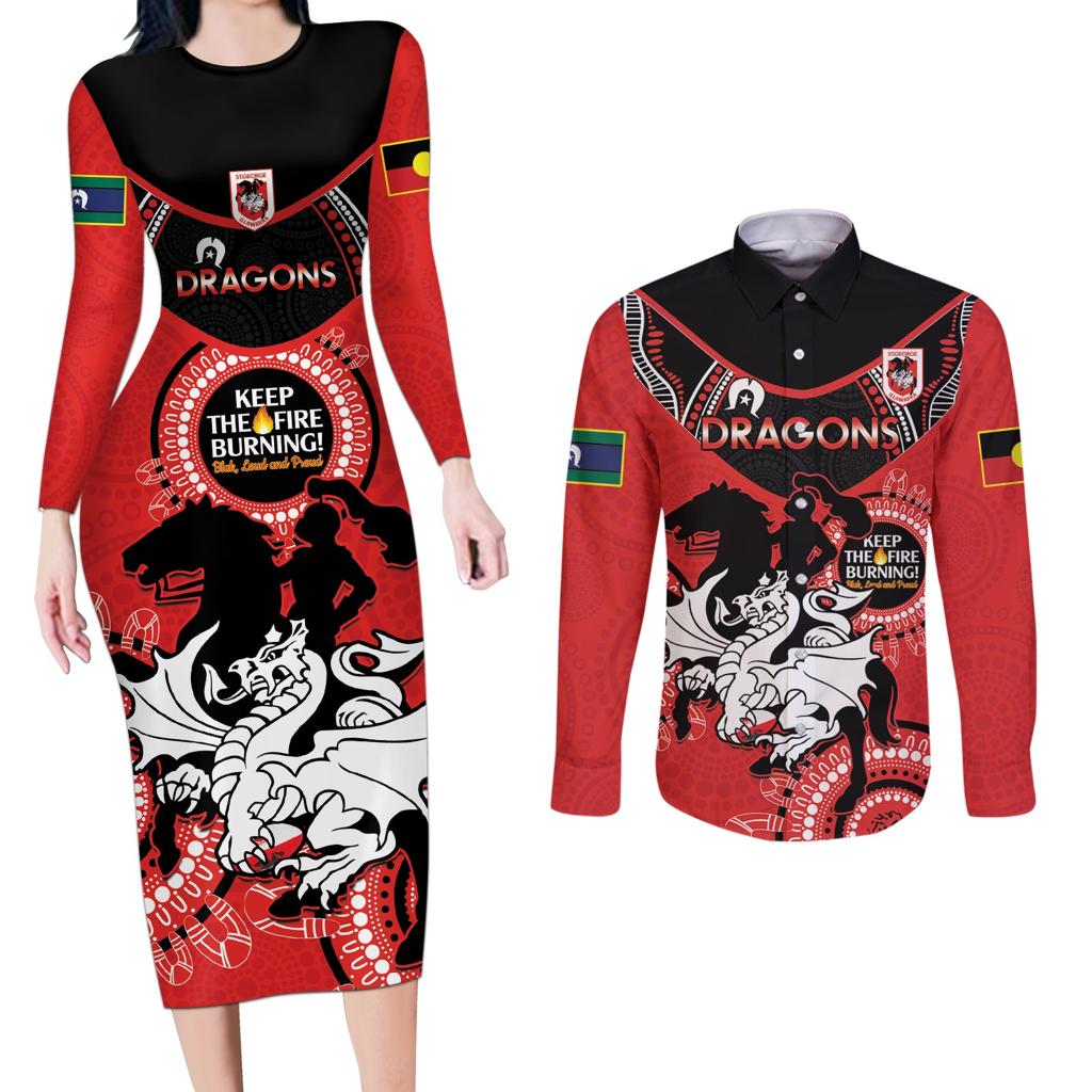 Custom NRL Dragons NAIDOC Week Couples Matching Long Sleeve Bodycon Dress and Long Sleeve Button Shirt Keep The Fire Burning Indigenous Art