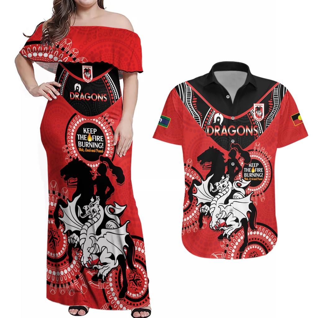 Custom NRL Dragons NAIDOC Week Couples Matching Off Shoulder Maxi Dress and Hawaiian Shirt Keep The Fire Burning Indigenous Art