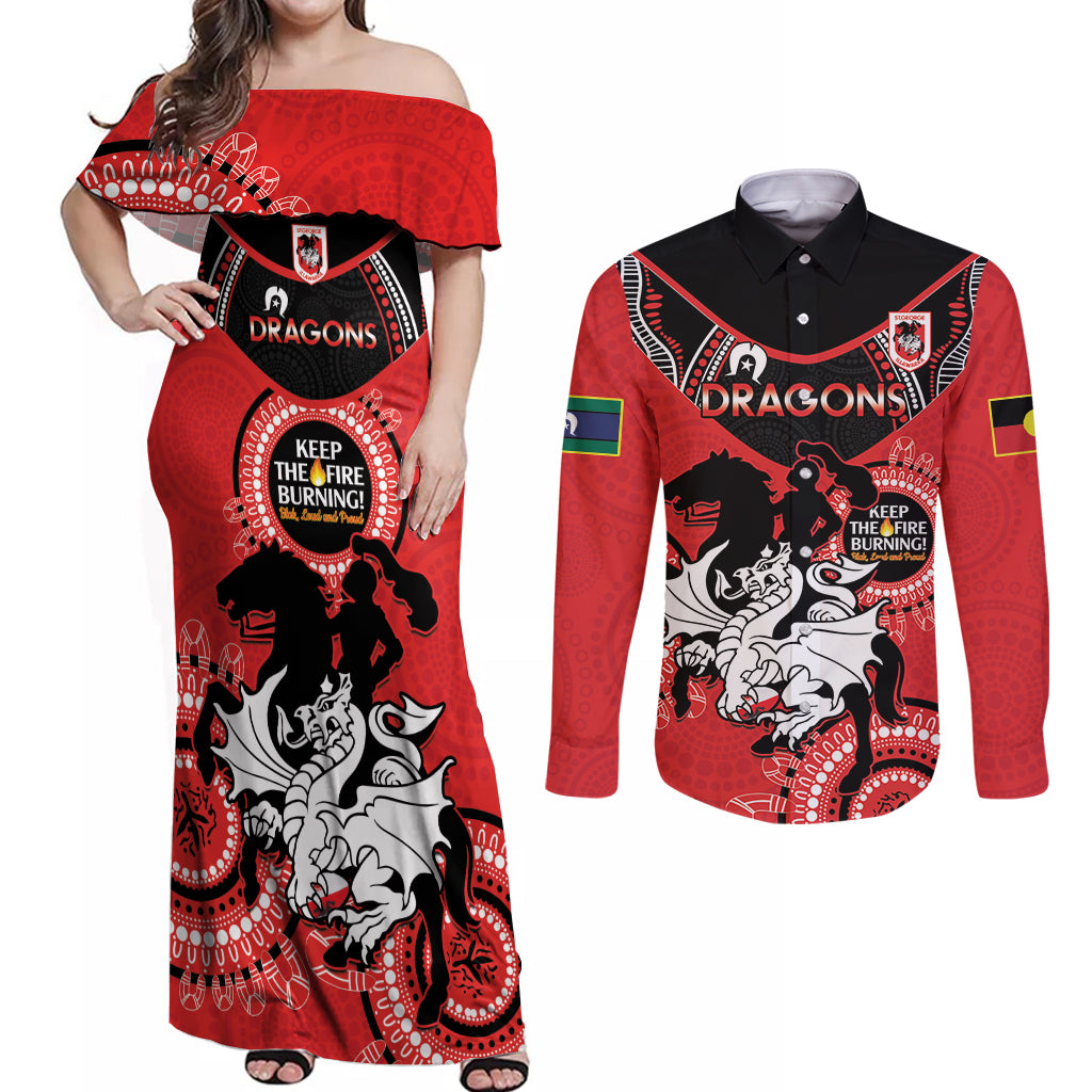 Custom NRL Dragons NAIDOC Week Couples Matching Off Shoulder Maxi Dress and Long Sleeve Button Shirt Keep The Fire Burning Indigenous Art