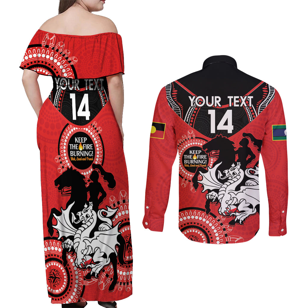 Custom NRL Dragons NAIDOC Week Couples Matching Off Shoulder Maxi Dress and Long Sleeve Button Shirt Keep The Fire Burning Indigenous Art