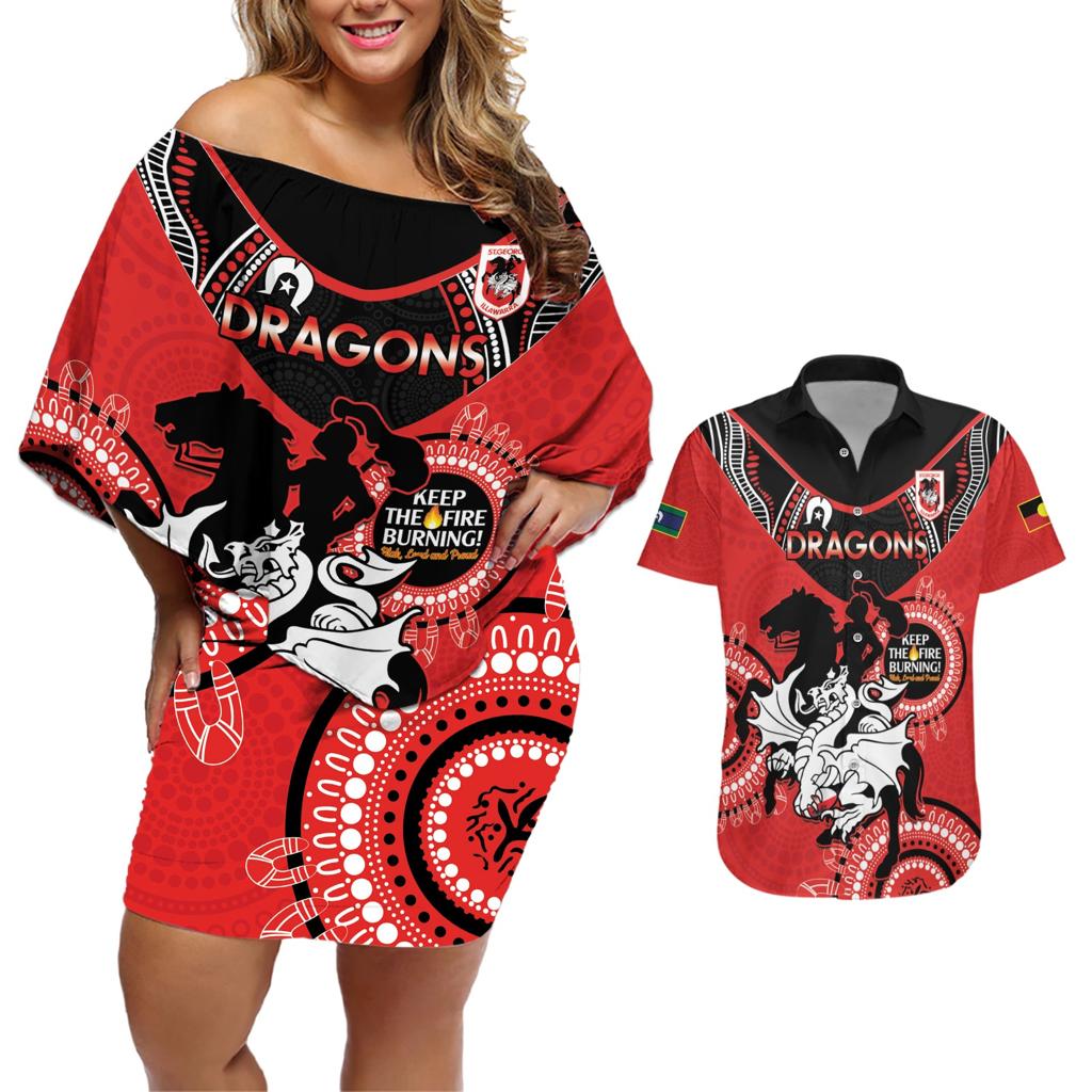 Custom NRL Dragons NAIDOC Week Couples Matching Off Shoulder Short Dress and Hawaiian Shirt Keep The Fire Burning Indigenous Art