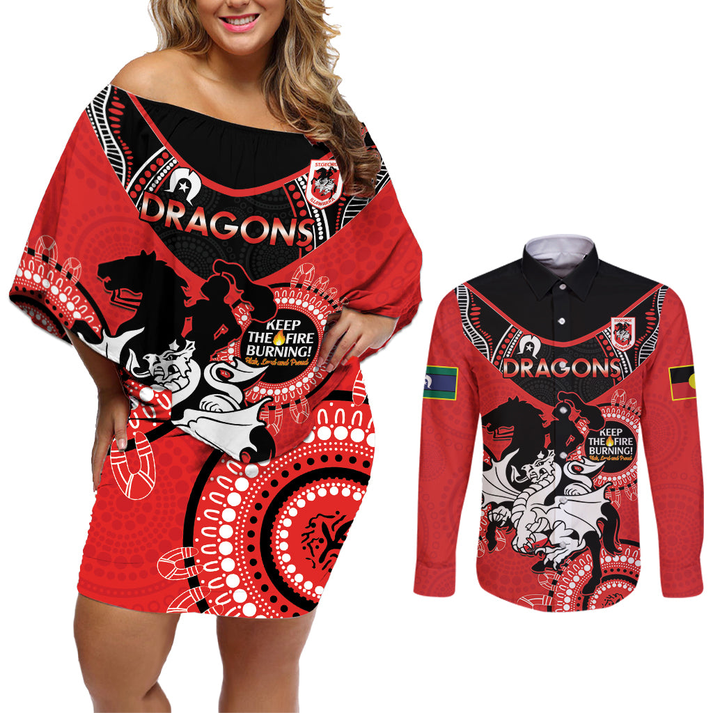 Custom NRL Dragons NAIDOC Week Couples Matching Off Shoulder Short Dress and Long Sleeve Button Shirt Keep The Fire Burning Indigenous Art