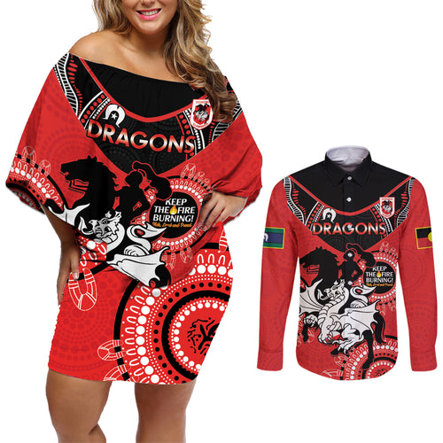 Custom NRL Dragons NAIDOC Week Couples Matching Off Shoulder Short Dress and Long Sleeve Button Shirt Keep The Fire Burning Indigenous Art