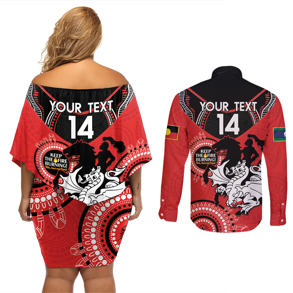 Custom NRL Dragons NAIDOC Week Couples Matching Off Shoulder Short Dress and Long Sleeve Button Shirt Keep The Fire Burning Indigenous Art
