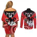 Custom NRL Dragons NAIDOC Week Couples Matching Off Shoulder Short Dress and Long Sleeve Button Shirt Keep The Fire Burning Indigenous Art