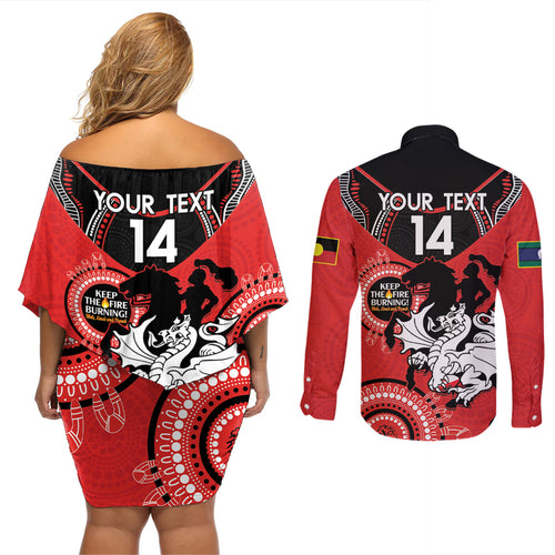 Custom NRL Dragons NAIDOC Week Couples Matching Off Shoulder Short Dress and Long Sleeve Button Shirt Keep The Fire Burning Indigenous Art