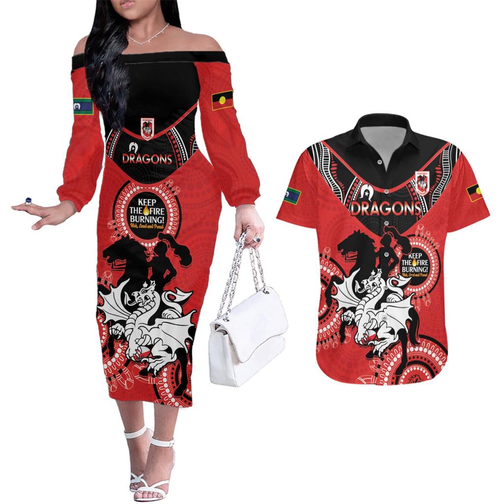 Custom NRL Dragons NAIDOC Week Couples Matching Off The Shoulder Long Sleeve Dress and Hawaiian Shirt Keep The Fire Burning Indigenous Art