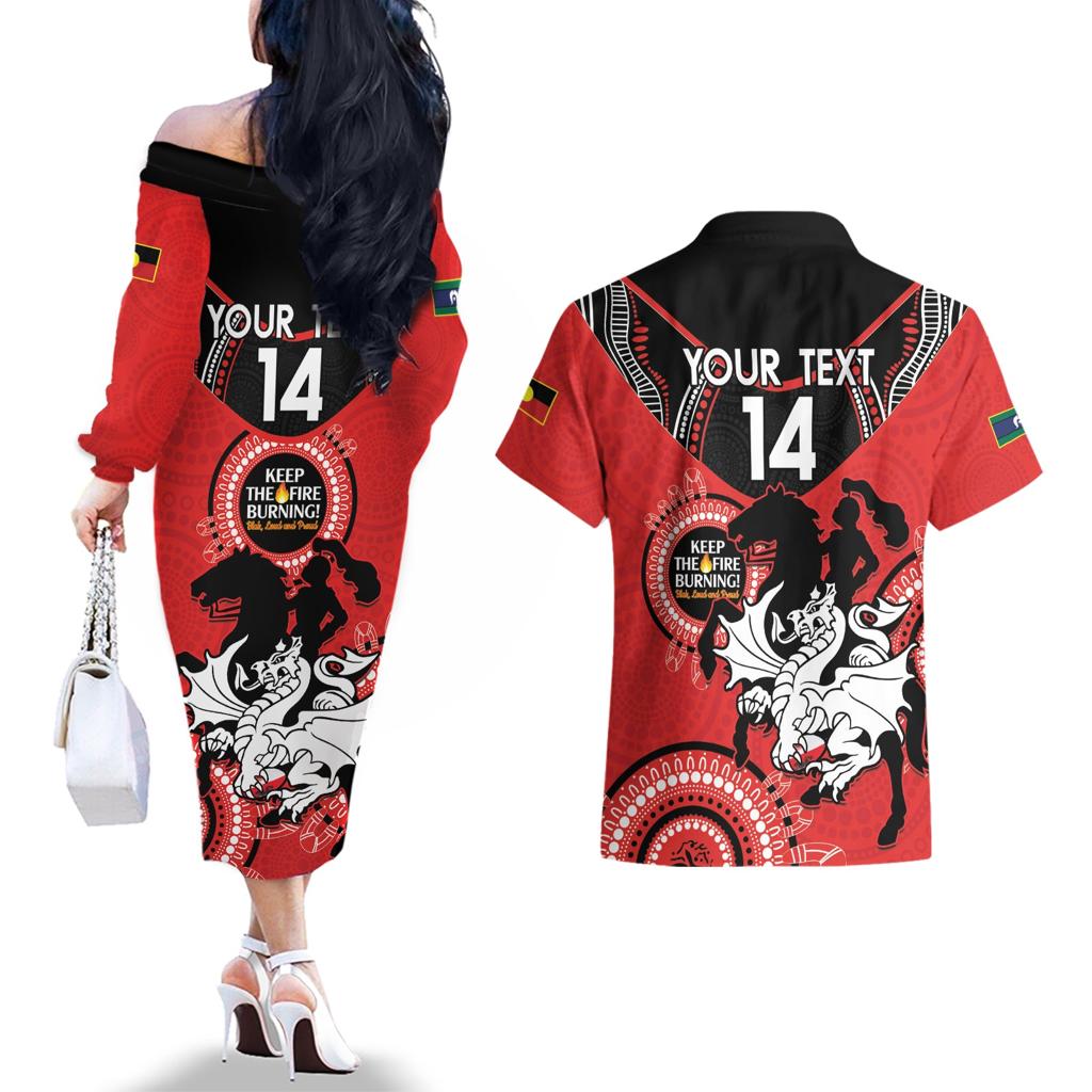 Custom NRL Dragons NAIDOC Week Couples Matching Off The Shoulder Long Sleeve Dress and Hawaiian Shirt Keep The Fire Burning Indigenous Art