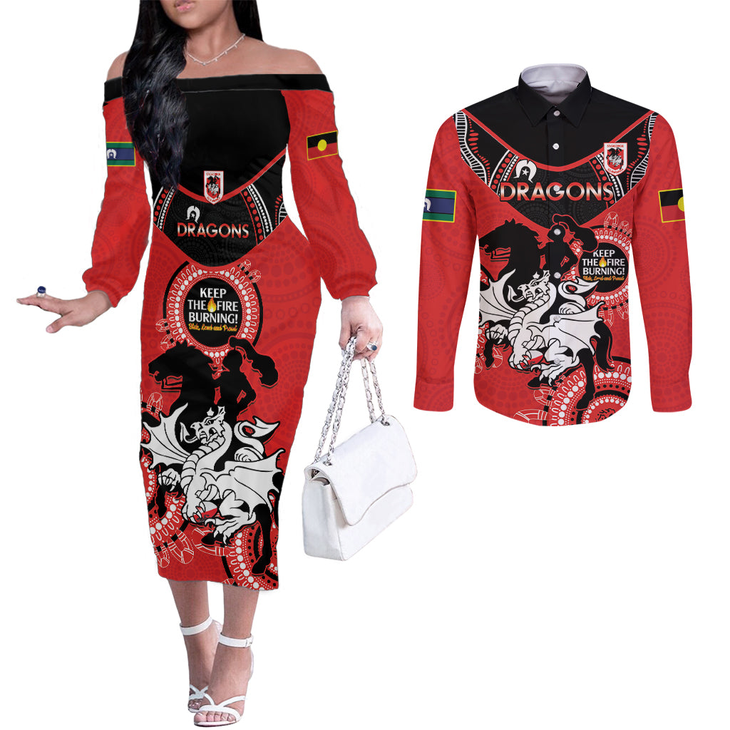 Custom NRL Dragons NAIDOC Week Couples Matching Off The Shoulder Long Sleeve Dress and Long Sleeve Button Shirt Keep The Fire Burning Indigenous Art
