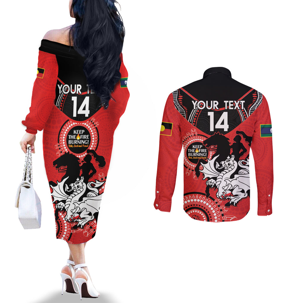 Custom NRL Dragons NAIDOC Week Couples Matching Off The Shoulder Long Sleeve Dress and Long Sleeve Button Shirt Keep The Fire Burning Indigenous Art